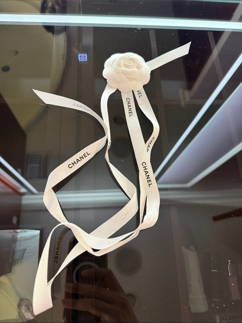 CHANEL White Ribbon with Camellia Flower